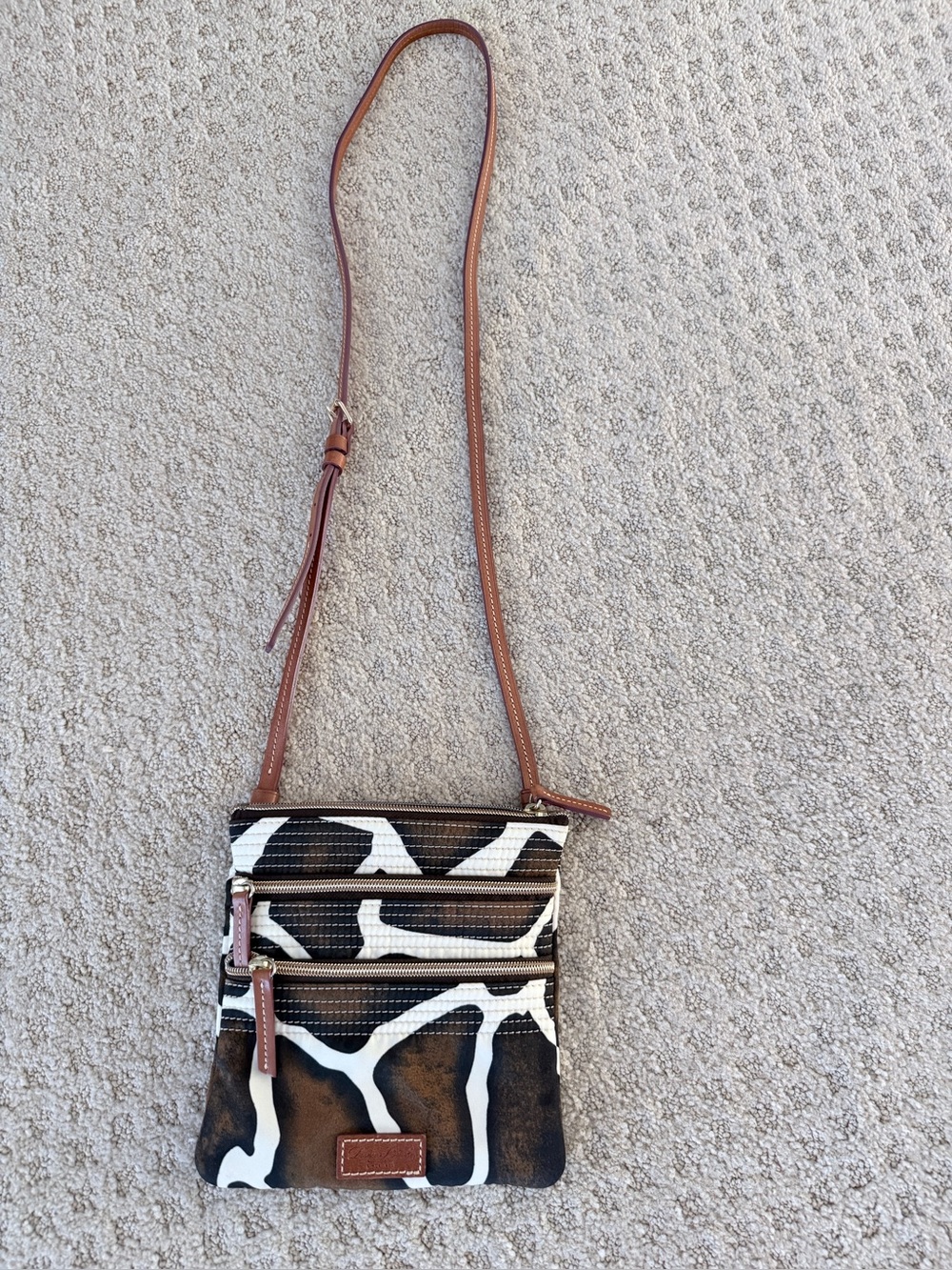 Dooney & Bourke Giraffe/Animal Print Nylon Triple Zip Crossbody Bag Brown